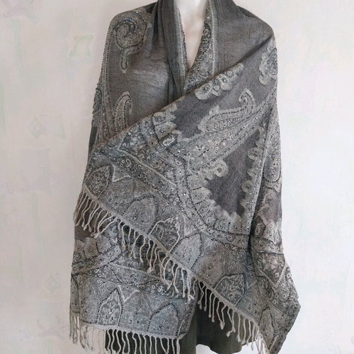 Cotton scarf with sequins in gray shades with paisley motifs, like new