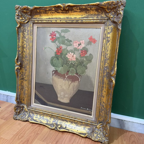 Nikitas Flessas Vase with Freesias Painting used with golden frame