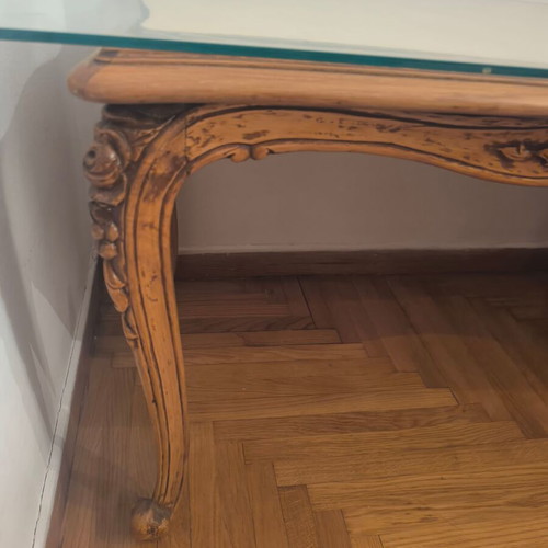 Carved Wooden Rectangular Coffee Table like new with glass top