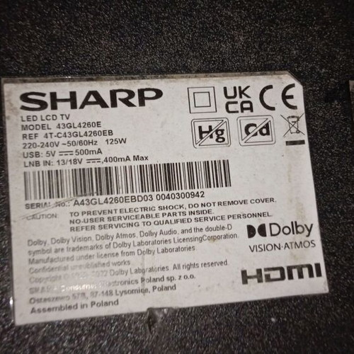 Sharp 43" 4K UHD LED HDR TV 43GL4260EB backlight like new