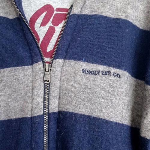 Singly hoodie used, grey with blue stripes, kids Large and women's Medium
