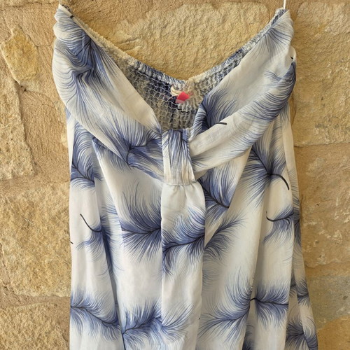 Miso Strapless Maxi Dress Like New Blue Feather Palm Print Knot Front