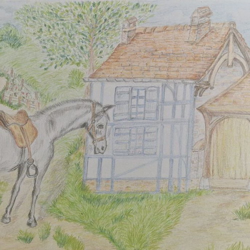Painting "The Lost Horse Found a Home" new, pencil on A4