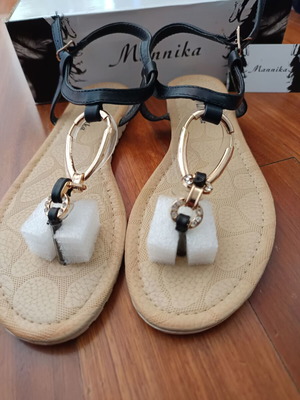 Flat sandals black size 38 like new with gold design