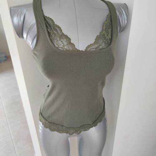 Top with lace details, new, size Small, khaki