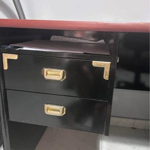 Wooden desk used, two drawers, dark red and black