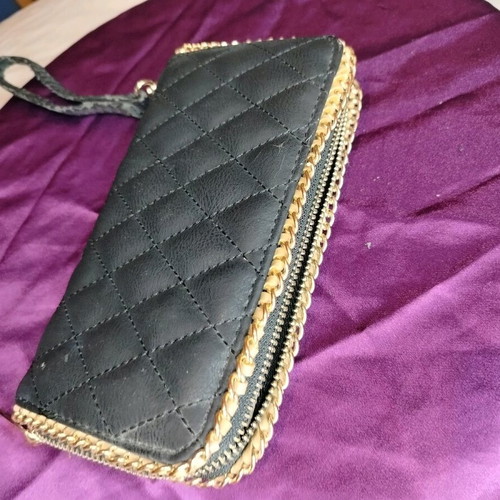 Quilted leather handbag purse used, black with gold details