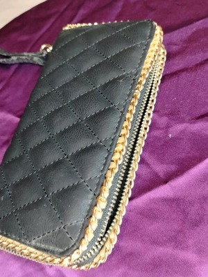 Quilted leather handbag purse used, black with gold details