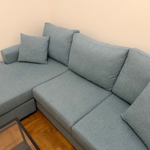 Corner sofa like new, modern design, blue, 242x185 cm