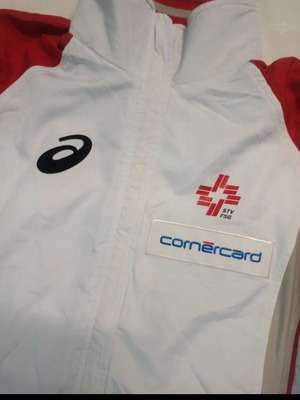 Asics zipper used, size small, white and red
