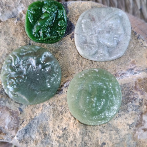 Cameos handmade glass with ancient Greek coin motifs, pack of four