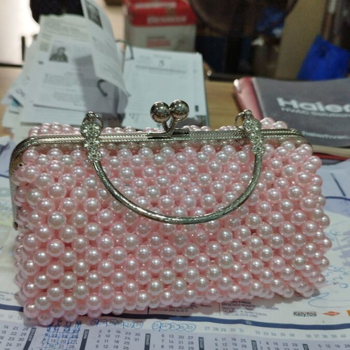 Handmade pink beaded handbag with silver and gold zipper, new