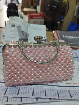 Handmade pink beaded handbag with silver and gold zipper, new