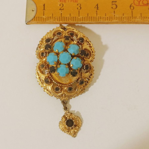 Pin vintage from Austria used, gold plated with semi-precious stones