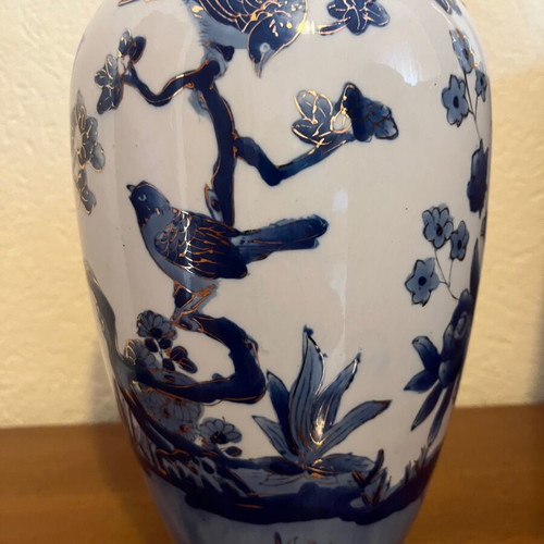 Chinese vase used 19th century hand-painted with birds and flowers