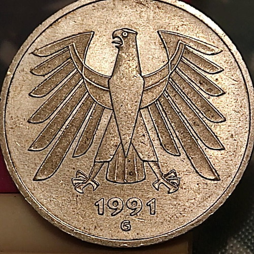 Germany 5 Mark 1991 coin like new, mint mark G Karlsruhe