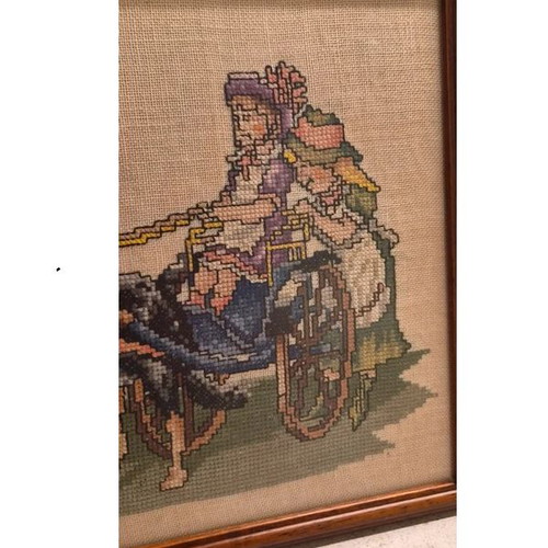 Vintage cross-stitch dog cart embroidery framed