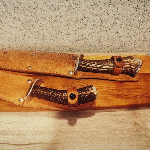Hunting butcher knives, handmade, leather sheaths, set of 2