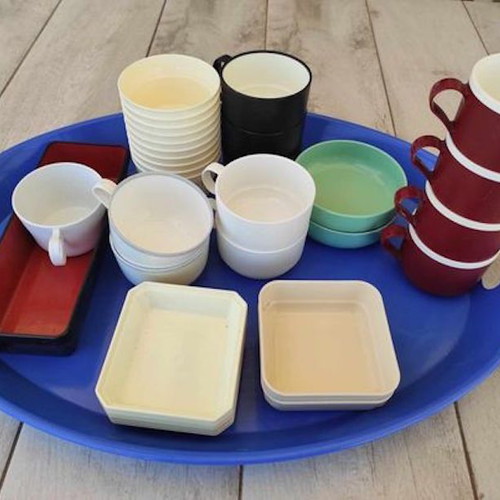 Collection of used airplane food containers, set of 31, airline brands