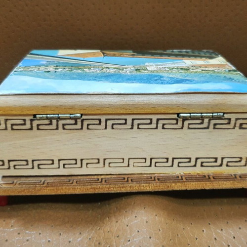 Wooden cigarette and matchbox case used, Achilles and ship design