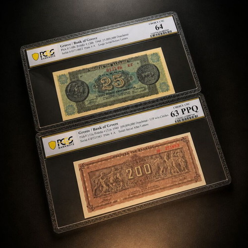 Collectible lot of 2 Greek occupation banknotes 1944 PCGS new