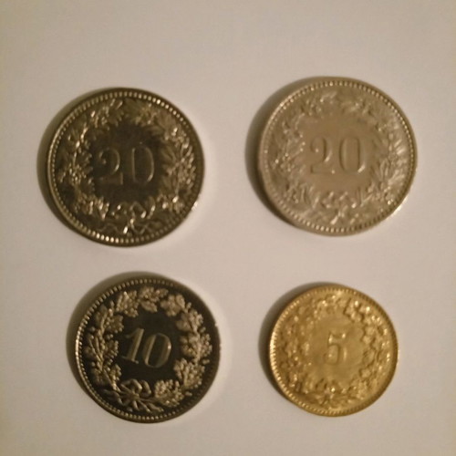 Swiss coins used, lot of four rappen from 1984 to 2011