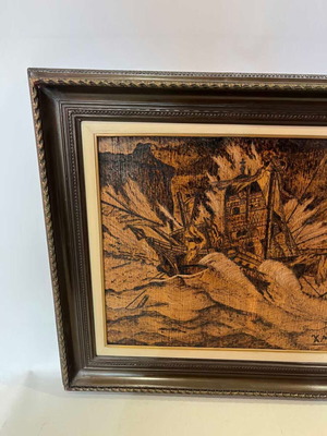 Vintage pyrography wall art with shipwreck scene and artist signature, 49x58