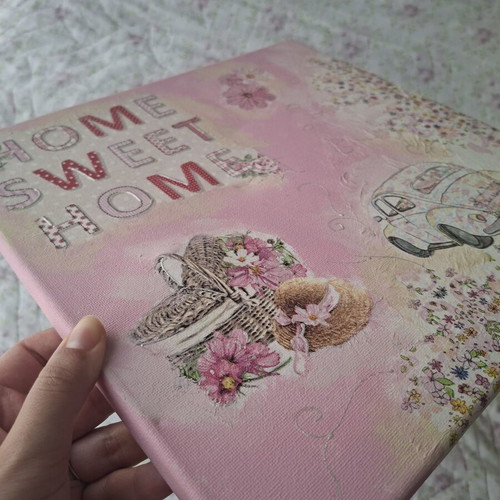 Home Sweet Home vintage canvas wall art, pink floral shabby chic