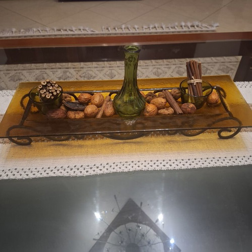 Decorative glass platter with metal base Trimar like new