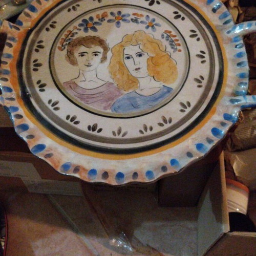 Handmade ceramic platter with two handles, like new, folk art