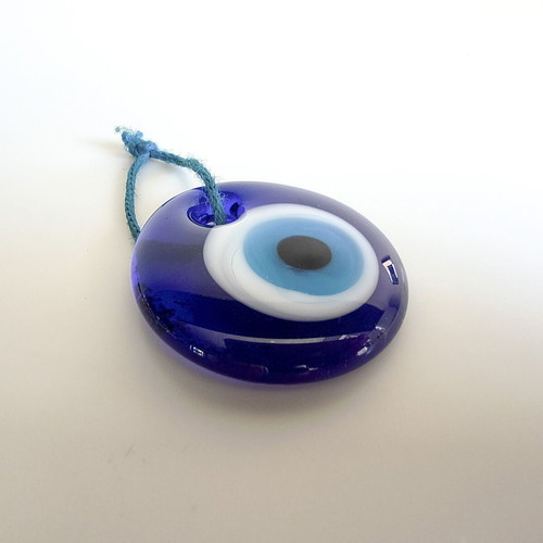 Evil Eye glass pendant 4x4.5 cm, white and blue