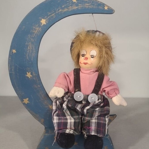 Wooden vintage crescent moon with porcelain doll collectible
