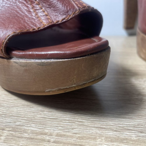 Yves Saint Laurent brown leather wooden platform mules used