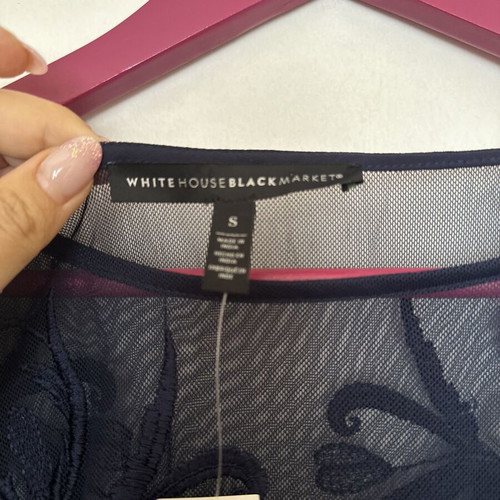 White House Black Market navy blue sheer mesh top with embroidered floral details size small new