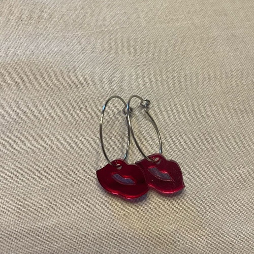 Red Lips Kisses earrings handmade new, small hoops with red lips design