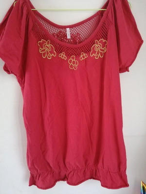 Ethel Austin blouse XL used, red with mesh and embroidery