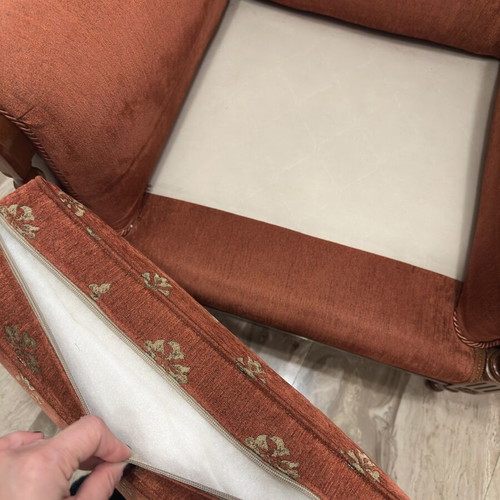 Classic armchairs set of 2 used, wooden frame, terracotta upholstery