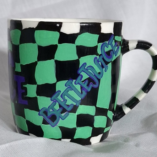 Hand-painted BeetleJuice cup with spoon custom made