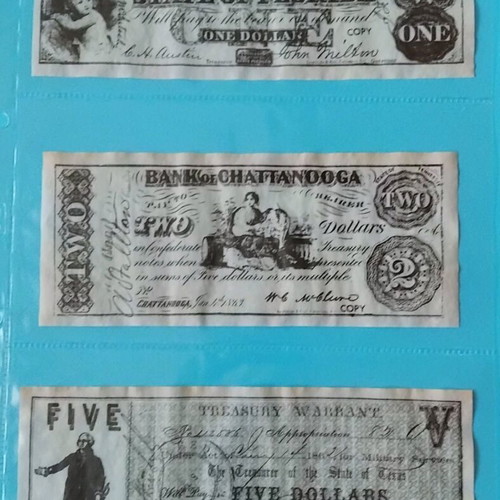 6 Replica Paper Money 1-500 Dollars American States 1860 Era like new