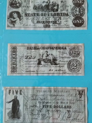 6 Replica Paper Money 1-500 Dollars American States 1860 Era like new