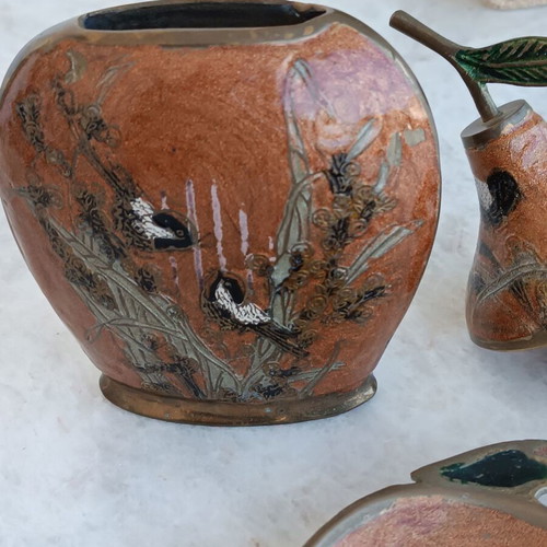 Vintage handmade decorative metal set 80's used, hand-painted