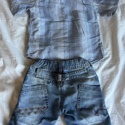 Boys' set with Indigo denim shorts and Next blue striped shirt like new, 2-3 years