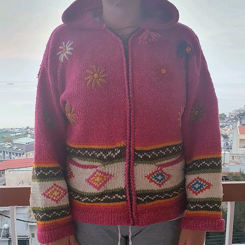 Handmade knitted wool cardigan pink multicolor like new