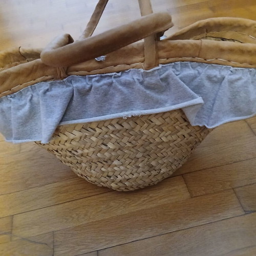 Handmade straw beach bag with decorative details, like new, beige