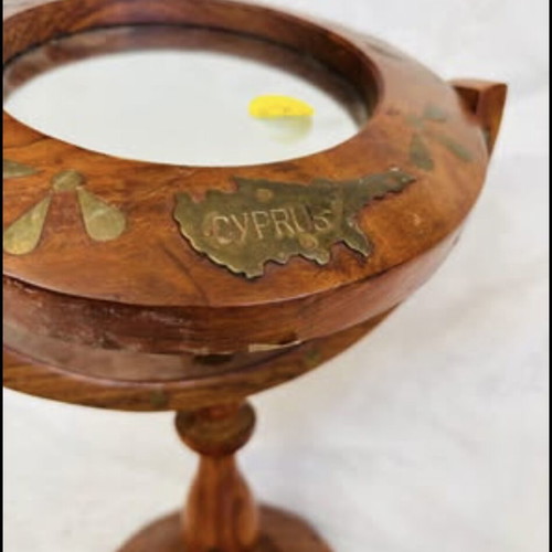 Cypriot wooden and bronze vanity mirror used, 30x20cm, 1980s handmade