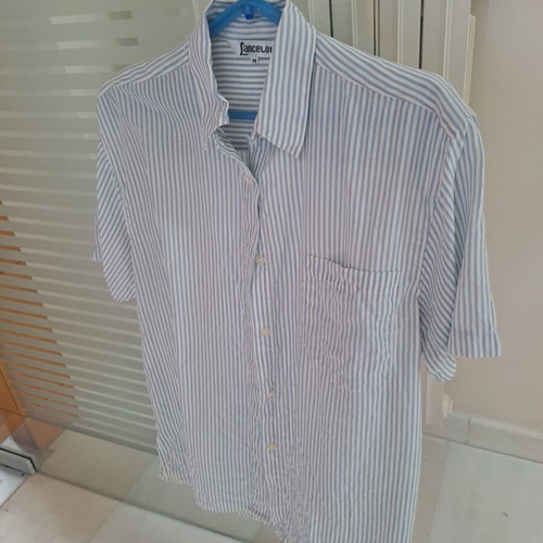Silk short-sleeve shirt medium, like new, striped white and blue