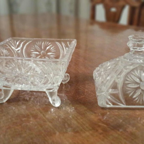 Glass sugar bowl with lid square shaped with embossed designs