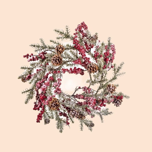 Snowy wreath berries & pinecones 50x50 cm new