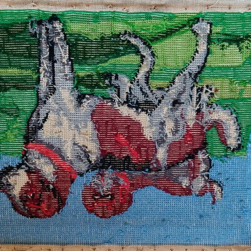 Handmade cross-stitch canvas with two dogs, like new, 48x38 cm