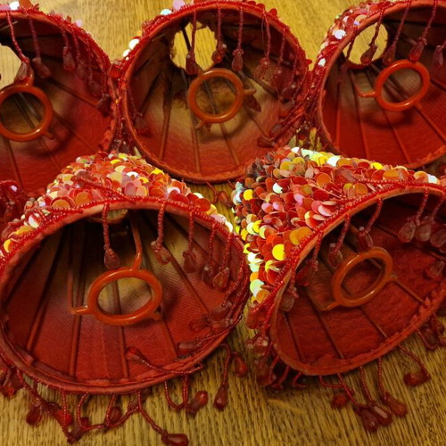 Vintage lampshades pack of 5 with red iridescent sequins and bead fringes used